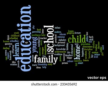 Conceito vetorial ou educação conceitual nuvem de palavras abstratas, fundo preto, metáfora para criança, família, escola, vida, aprender, conhecimento, casa, estudo, ensinar, educacional, realização, infância ou adolescente