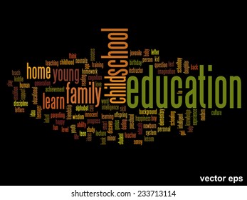 Vector concept or conceptual education abstract word cloud, black background, metaphor to child, family, school, life, learn, knowledge, home, study, teach, educational, achievement, childhood or teen