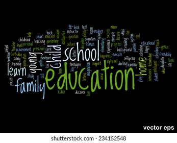 Conceito vetorial ou educação conceitual nuvem de palavras abstratas, fundo preto, metáfora para criança, família, escola, vida, aprender, conhecimento, casa, estudo, ensinar, educacional, realização, infância ou adolescente