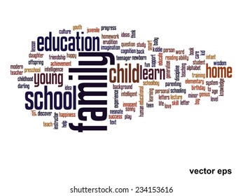 Vector concept or conceptual education abstract word cloud, black background, metaphor to child, family, school, life, learn, knowledge, home, study, teach, educational, achievement, childhood or teen