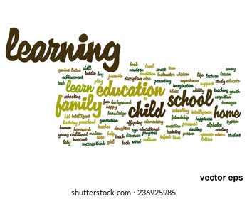 Vector concept or conceptual education abstract word cloud, white background, metaphor to child, family, school, life, learn, knowledge, home, study, teach, educational, achievement, childhood or teen