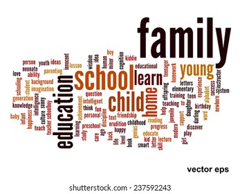 Vector concept or conceptual education abstract word cloud, white background, metaphor to child, family, school, life, learn, knowledge, home, study, teach, educational, achievement, childhood or teen