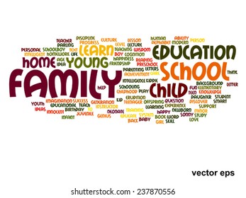 Concepto vectorial o educación conceptual nube de palabras abstracta, fondo blanco, metáfora al niño, la familia, la escuela, la vida, el aprendizaje, el conocimiento, el hogar, el estudio, la enseñanza, la educación, el logro, la infancia o la adolescencia