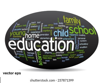 Vector concept or conceptual education abstract word cloud, white background, metaphor to child, family, school, life, learn, knowledge, home, study, teach, educational, achievement, childhood or teen