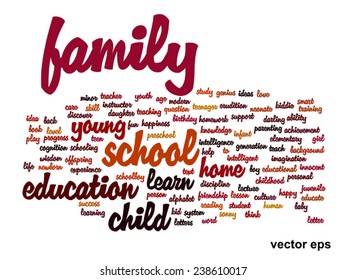 Concepto vectorial o educación conceptual nube de palabras abstracta, fondo blanco, metáfora al niño, la familia, la escuela, la vida, el aprendizaje, el conocimiento, el hogar, el estudio, la enseñanza, la educación, el logro, la infancia o la adolescencia