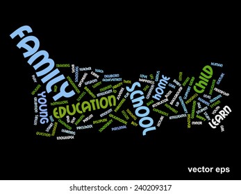 Vector concept or conceptual education abstract word cloud, black background, metaphor to child, family, school, life, learn, knowledge, home, study, teach, educational, achievement, childhood or teen