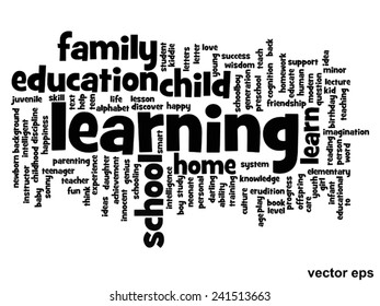 Vector concept or conceptual education abstract word cloud, white background, metaphor to child, family, school, life, learn, knowledge, home, study, teach, educational, achievement, childhood or teen