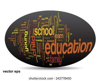 Vector concept or conceptual education abstract word cloud, black background, metaphor to child, family, school, life, learn, knowledge, home, study, teach, educational, achievement, childhood or teen