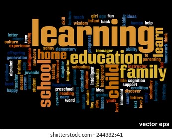 Concepto vectorial o educación conceptual nube de palabras abstracta, fondo negro, metáfora al niño, la familia, la escuela, la vida, el aprendizaje, el conocimiento, el hogar, el estudio, la enseñanza, la educación, el logro, la infancia o la adolescencia
