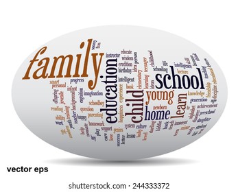 Concepto vectorial o educación conceptual nube de palabras abstracta, fondo blanco, metáfora al niño, la familia, la escuela, la vida, el aprendizaje, el conocimiento, el hogar, el estudio, la enseñanza, la educación, el logro, la infancia o la adolescencia