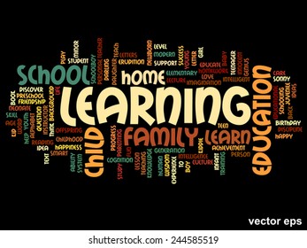 Vector concept or conceptual education abstract word cloud, black background, metaphor to child, family, school, life, learn, knowledge, home, study, teach, educational, achievement, childhood or teen