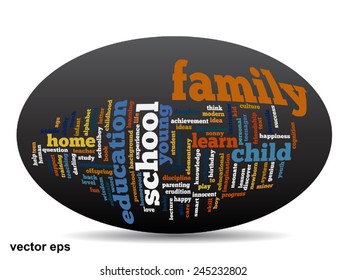 Vector concept or conceptual education abstract word cloud, black background, metaphor to child, family, school, life, learn, knowledge, home, study, teach, educational, achievement, childhood or teen