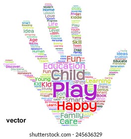Konzeptionelle Vektor-Erziehung abstrakte Hand Print-Wort-Cloud, Metapher für Kind, Familie, Schule, Leben, Lernen, Wissen, Haus, Studium, Lehre, Erziehung, Kindheit, Teenager-Handschrift