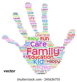 Vector concept conceptual education abstract hand print word cloud, metaphor to child, family, school, life, learn, knowledge, home, study, teach, educational, achievement, childhood, teen handprint