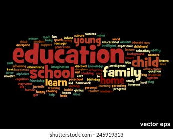 Concepto vectorial o educación conceptual nube de palabras abstracta, fondo negro, metáfora al niño, la familia, la escuela, la vida, el aprendizaje, el conocimiento, el hogar, el estudio, la enseñanza, la educación, el logro, la infancia o la adolescencia