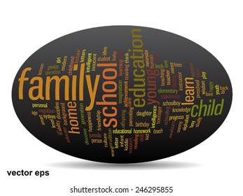 Concepto vectorial o educación conceptual nube de palabras abstracta, fondo negro, metáfora al niño, la familia, la escuela, la vida, el aprendizaje, el conocimiento, el hogar, el estudio, la enseñanza, la educación, el logro, la infancia o la adolescencia
