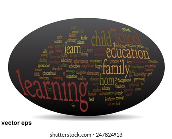 Vector concept or conceptual education abstract word cloud, black background, metaphor to child, family, school, life, learn, knowledge, home, study, teach, educational, achievement, childhood or teen