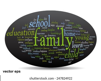 Concepto vectorial o educación conceptual nube de palabras abstracta, fondo negro, metáfora al niño, la familia, la escuela, la vida, el aprendizaje, el conocimiento, el hogar, el estudio, la enseñanza, la educación, el logro, la infancia o la adolescencia