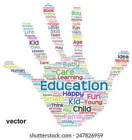 Vector concept conceptual education abstract hand print word cloud, metaphor to child, family, school, life, learn, knowledge, home, study, teach, educational, achievement, childhood, teen handprint