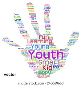 Vector concept conceptual education abstract hand print word cloud, metaphor to child, family, school, life, learn, knowledge, home, study, teach, educational, achievement, childhood, teen handprint
