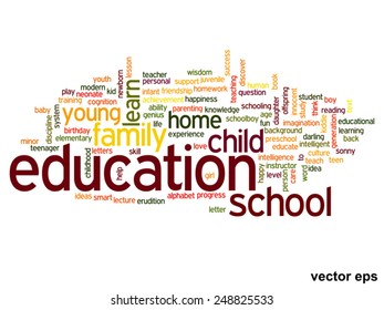 Concepto vectorial o educación conceptual nube de palabras abstracta, fondo blanco, metáfora al niño, la familia, la escuela, la vida, el aprendizaje, el conocimiento, el hogar, el estudio, la enseñanza, la educación, el logro, la infancia o la adolescencia