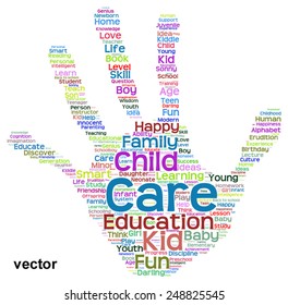 Vector concept conceptual education abstract hand print word cloud, metaphor to child, family, school, life, learn, knowledge, home, study, teach, educational, achievement, childhood, teen handprint