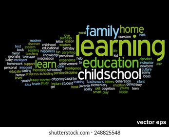 Vector concept or conceptual education abstract word cloud, black background, metaphor to child, family, school, life, learn, knowledge, home, study, teach, educational, achievement, childhood or teen