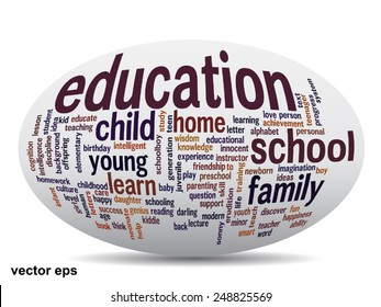 Vector concept or conceptual education abstract word cloud, white background, metaphor to child, family, school, life, learn, knowledge, home, study, teach, educational, achievement, childhood or teen