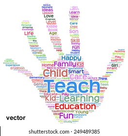 Concepto vectorial educación conceptual impresión manual abstracta nube de palabras, metáfora a niño, familia, escuela, vida, aprendizaje, conocimiento, hogar, estudio, enseñanza, educación, logro, infancia, huella digital adolescente