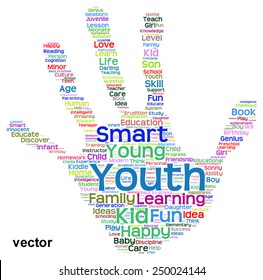 Vector concept conceptual education abstract hand print word cloud, metaphor to child, family, school, life, learn, knowledge, home, study, teach, educational, achievement, childhood, teen handprint