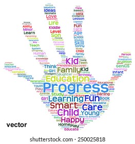 Concepto vectorial educación conceptual impresión manual abstracta nube de palabras, metáfora a niño, familia, escuela, vida, aprendizaje, conocimiento, hogar, estudio, enseñanza, educación, logro, infancia, huella digital adolescente