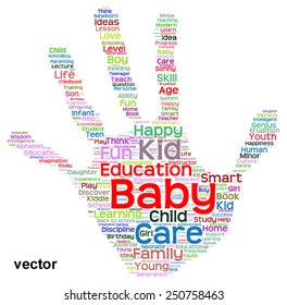 Vector concept conceptual education abstract hand print word cloud, metaphor to child, family, school, life, learn, knowledge, home, study, teach, educational, achievement, childhood, teen handprint
