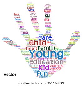 Vector concept conceptual education abstract hand print word cloud, metaphor to child, family, school, life, learn, knowledge, home, study, teach, educational, achievement, childhood, teen handprint