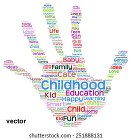 Vector concept conceptual education abstract hand print word cloud, metaphor to child, family, school, life, learn, knowledge, home, study, teach, educational, achievement, childhood, teen handprint