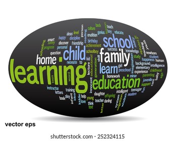 Vector concept or conceptual education abstract word cloud, black background, metaphor to child, family, school, life, learn, knowledge, home, study, teach, educational, achievement, childhood or teen