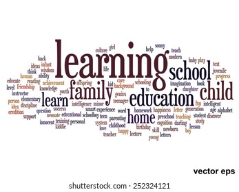 Vector concept or conceptual education abstract word cloud, white background, metaphor to child, family, school, life, learn, knowledge, home, study, teach, educational, achievement, childhood or teen