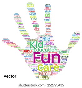 Vector concept conceptual education abstract hand print word cloud, metaphor to child, family, school, life, learn, knowledge, home, study, teach, educational, achievement, childhood, teen handprint