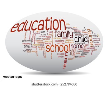 Vector concept or conceptual education abstract word cloud, white background, metaphor to child, family, school, life, learn, knowledge, home, study, teach, educational, achievement, childhood or teen