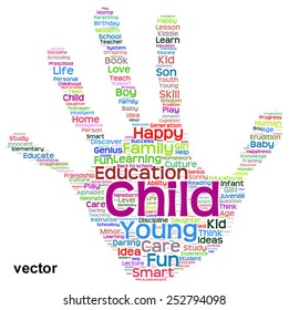 Concepto vectorial educación conceptual impresión manual abstracta nube de palabras, metáfora a niño, familia, escuela, vida, aprendizaje, conocimiento, hogar, estudio, enseñanza, educación, logro, infancia, huella digital adolescente