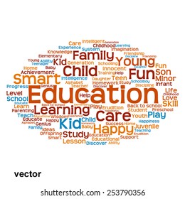 Vector concept or conceptual education abstract word cloud, white background, metaphor to child, family, school, life, learn, knowledge, home, study, teach, educational, achievement, childhood or teen