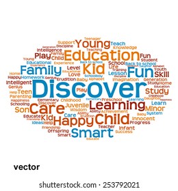 Vector concept or conceptual education abstract word cloud, white background, metaphor to child, family, school, life, learn, knowledge, home, study, teach, educational, achievement, childhood or teen