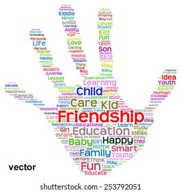 Vector concept conceptual education abstract hand print word cloud, metaphor to child, family, school, life, learn, knowledge, home, study, teach, educational, achievement, childhood, teen handprint