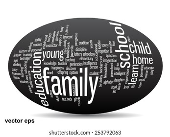 Conceito vetorial ou educação conceitual nuvem de palavras abstratas, fundo preto, metáfora para criança, família, escola, vida, aprender, conhecimento, casa, estudo, ensinar, educacional, realização, infância ou adolescente