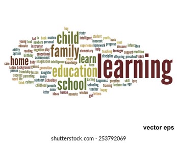 Vector concept or conceptual education abstract word cloud, white background, metaphor to child, family, school, life, learn, knowledge, home, study, teach, educational, achievement, childhood or teen