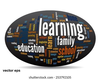 Concepto vectorial o educación conceptual nube de palabras abstracta, fondo negro, metáfora al niño, la familia, la escuela, la vida, el aprendizaje, el conocimiento, el hogar, el estudio, la enseñanza, la educación, el logro, la infancia o la adolescencia