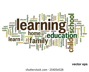 Vector concept or conceptual education abstract word cloud, white background, metaphor to child, family, school, life, learn, knowledge, home, study, teach, educational, achievement, childhood or teen