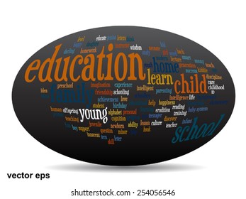 Vector concept or conceptual education abstract word cloud, black background, metaphor to child, family, school, life, learn, knowledge, home, study, teach, educational, achievement, childhood or teen