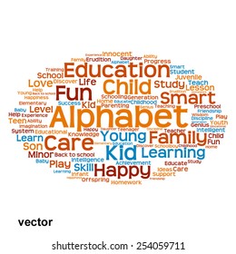 Vector concept or conceptual education abstract word cloud, white background, metaphor to child, family, school, life, learn, knowledge, home, study, teach, educational, achievement, childhood or teen