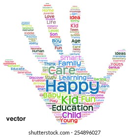 Vector concept conceptual education abstract hand print word cloud, metaphor to child, family, school, life, learn, knowledge, home, study, teach, educational, achievement, childhood, teen handprint