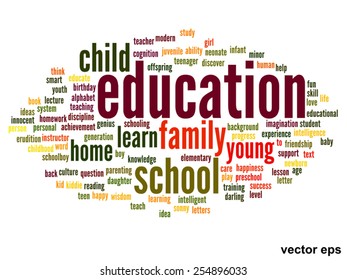 Concepto vectorial o educación conceptual nube de palabras abstracta, fondo blanco, metáfora al niño, la familia, la escuela, la vida, el aprendizaje, el conocimiento, el hogar, el estudio, la enseñanza, la educación, el logro, la infancia o la adolescencia